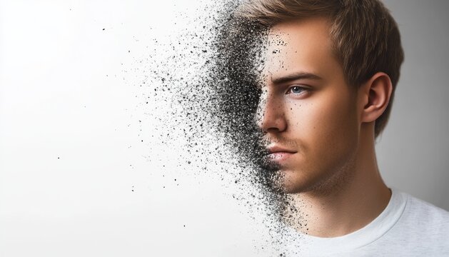 A young man's face gradually dissolving into particles against a neutral background