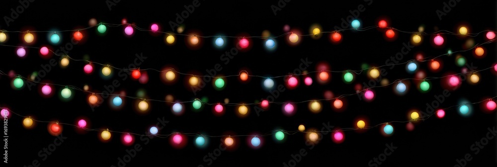 Poster brightly colored string lights illuminated against a dark background enhance festive atmosphere duri