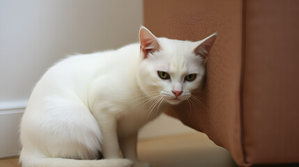 A white shy angry cat is hiding in the corner behind an armchair. wariness of pets towards strangers.