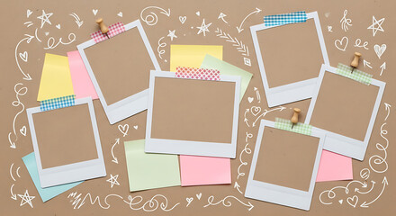 A creative collage of blank instant photo frames, sticky notes, and washi tape on a brown paper background with hand-drawn doodles.