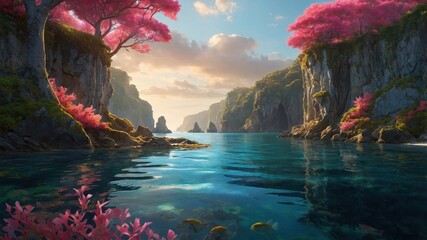 Serene landscape featuring vibrant pink trees along a tranquil waterway with rocky cliffs and distant mountains