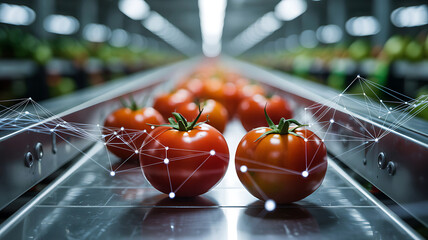 Fresh tomatoes on a conveyor belt with digital network overlay