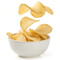 Crispy Potato Chips Falling into Bowl isolated on White Background