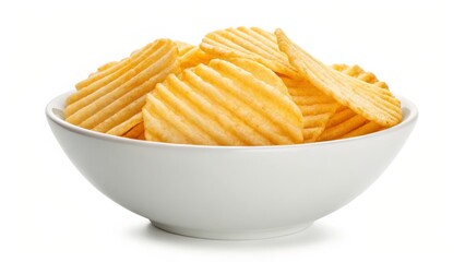 Crispy Potato Chips in White Bowl isolated on White Background