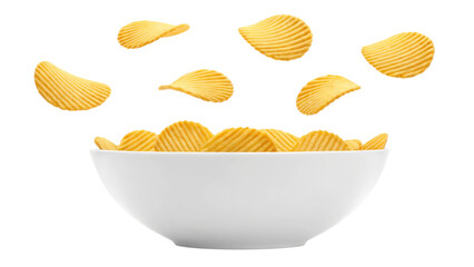 Crispy Potato Chips Falling into Bowl on white background