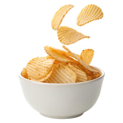 Crispy Potato Chips Falling into a Bowl on white background