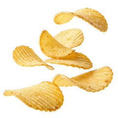 Crispy Potato Chips Falling on white background