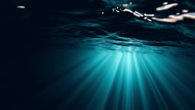 Underwater View with Sunlight Rays Penetrating Ocean Surface, Casting Vibrant Beams into Clear Blue Marine Water