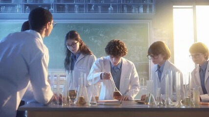 Group of students in lab coats conducting experiments with glassware in a bright science lab. - Powered by Adobe