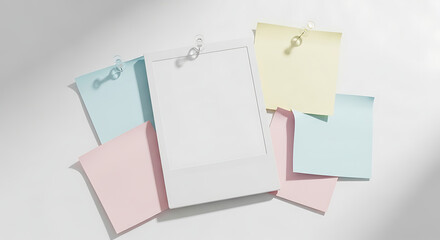 Several blank pastel-colored sticky notes are pinned to a white surface, casting soft shadows, suggesting organization or reminders.