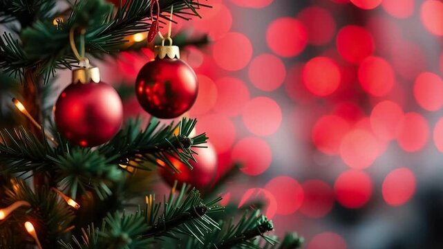 Close up of decorated Christmas tree with red ornaments, festive lights, and holiday decorations creating warm and joyful