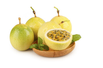 Fresh Golden Passion Fruit with Pulp and Seeds on White Background