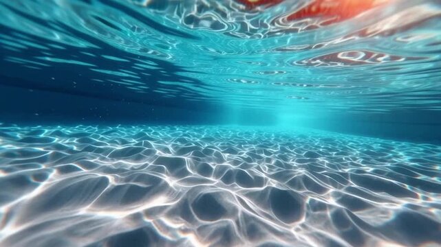 Serene Underwater View with Sunlight Filtering Through Water Surface, Creating Ripples and Shimmering Patterns on Ocean Floor