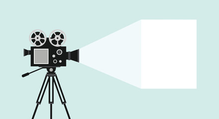 Vintage film projector showing a blank screen and casting light on a minimalist background