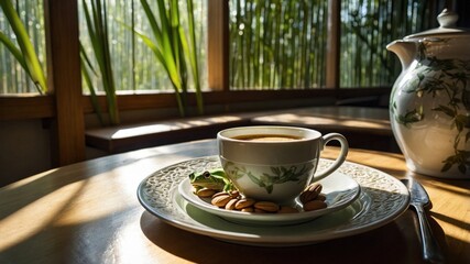 Morning coffee with cookies on a wooden table, surrounded by greenery in a cozy cafe setting