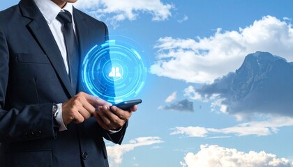 Business professional holding smartphone — holographic globe above device signals global connectivity and digital command.