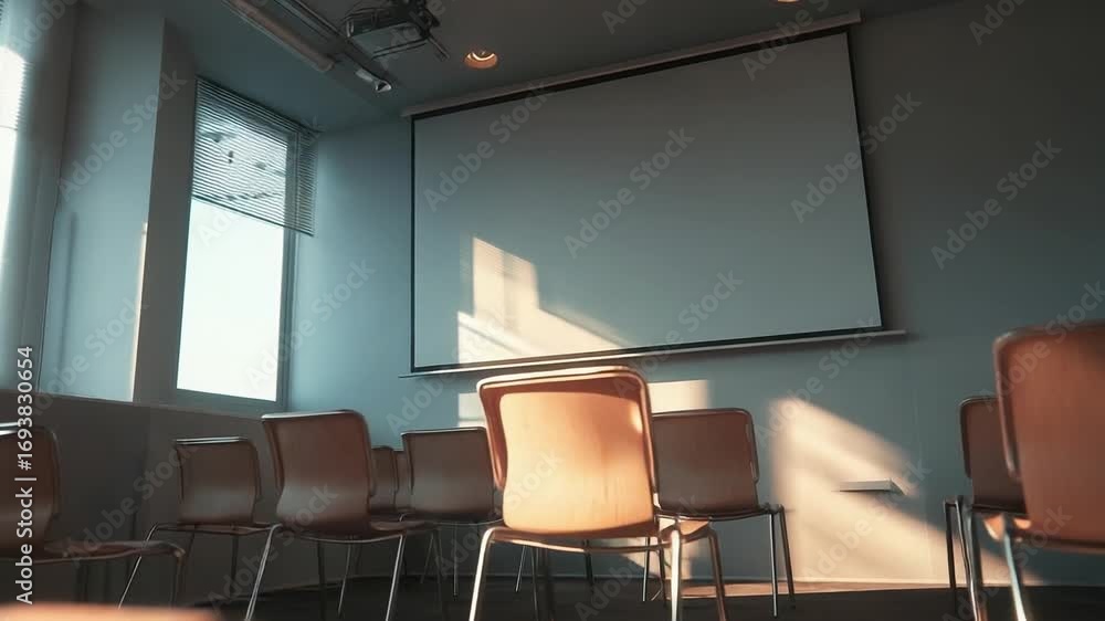 Poster empty conference room with a blank projector screen and rows of brown chairs, daylight streaming thr