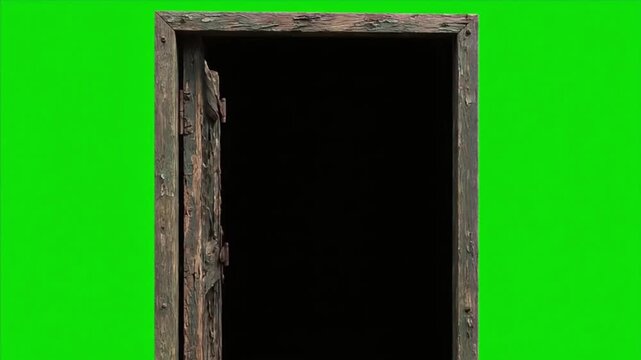 Rustic wooden door opening on green screen for halloween or haunted house effect