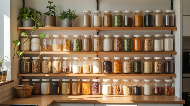 Kitchen pantry shelves stocked with organized jars of food - Powered by Adobe