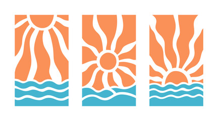 Summer sun rays and sea beach psychedelic background set. Wavy rays in boho groovy style. Abstract sun burst poster. Nature bg. 70s, 80s design. Vector illustration isolated on white background.