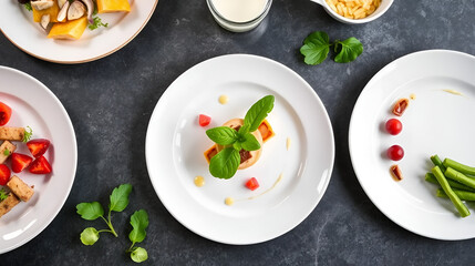 Elegantly arranged melamine plates showcase fresh ingredients with artisanal appeal on a textured surface