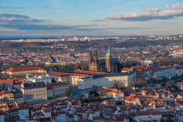The view from the Petrin lookout tower to the Prague Castle and St. Vitus Cathedral