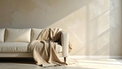 Plain throw blanket draped over sofa arm open wall and floor wallpaper background representing cozy home textile detail suitable for minimal interior design