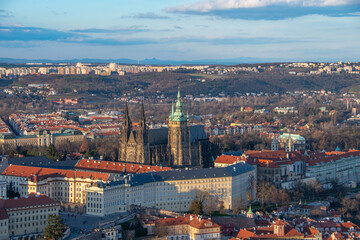 The view from the Petrin lookout tower to the Prague Castle and St. Vitus Cathedral