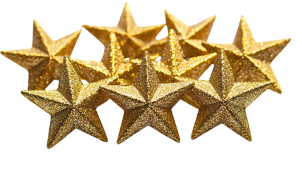 Shimmering golden stars arranged in a radiant sparkling pattern party isolated on a transparent background.