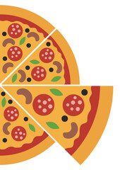 Whole round pizza with a removed slice on white background. Flat lay illustration of delicious Italian food. Takeaway meal concept.