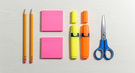 Naklejka premium Stationery Supplies - Pencils, Sticky Notes, Highlighters, and Scissors.
