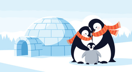 Adorable penguin family with igloo in snowy winter landscape