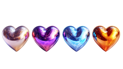Shiny Vibrant Glossy 3D Heart Shapes As Romantic Graphic Elements for Valentines isolated on a transparent background