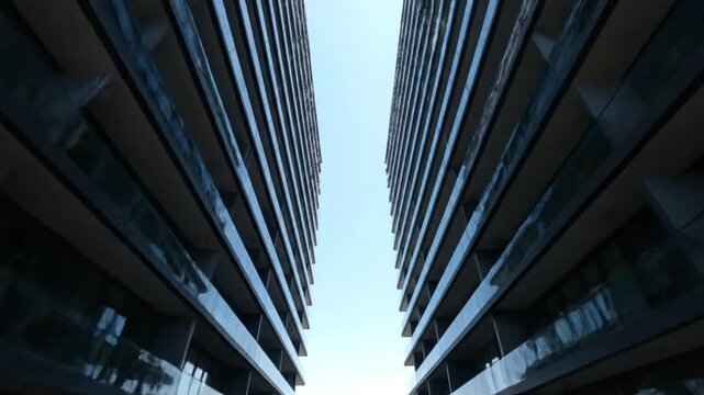 A striking low-angle perspective looking up at the perfect symmetry between two modern glass residential buildings against the clear sky