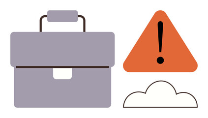 Gray briefcase, orange triangle with exclamation point, and cloud outline symbolizing business risk, caution, data security, cloud storage, online warning, alert systems, professional challenges