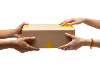 Hands exchanging cardboard parcel box isolated