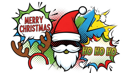 Pop art style illustration featuring Santa's hat, beard, and sunglasses alongside reindeer antlers and festive speech bubbles.