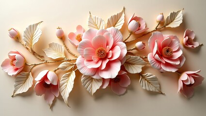 Intricate 3D Floral Sculpture with Pink, Beige, and Gold Textures – Elegant Decorative Artwork, Luxury Flower Design, and Detailed Modern Art Pattern