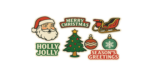 Fototapeta premium Print Retro style vector sticker pack of classic Christmas elements – vintage Santa face, old-fashioned sleigh, Christmas tree, bauble ornaments, and festive typography labels