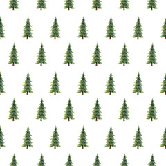 Fototapeta premium Simple seamless pattern of green watercolor Christmas trees on a white background