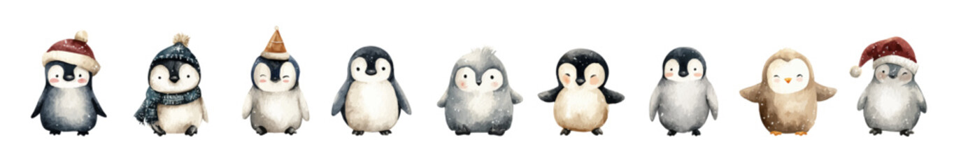 Cute Watercolor Christmas and New Year cartoon baby penguins in winter clothes.. Vector clipart set for kids. Collection of Vector illustrations. Perfect for invitation, card, poster