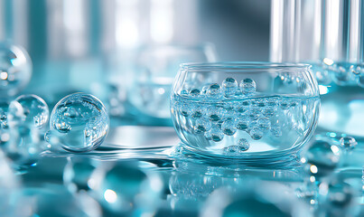 Futuristic Glass and Water Molecular Designs: A Conceptual Exploration of Advanced Skincare and Cosmetic Innovation, Blending Organic Patterns, Bioluminescence, and Minimalist 3D Aesthetics