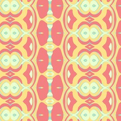 A vibrant abstract seamless pattern with organic, flowing shapes and symmetrical mirrored elements in yellow, pink, and light blue