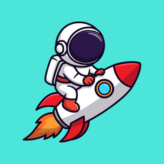 Cute Astronaut Ride a Rocket Illustration