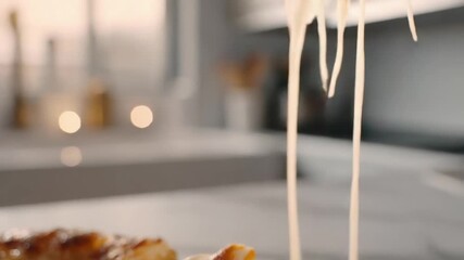 A slice of hot cheese pizza being lifted, with gooey melted cheese strings stretching from the slice.