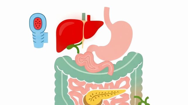Human Digestive System Anatomy Animation with Liver, Stomach, Intestines and Pancreas Illustration for Medical Education and Healthcare Concepts