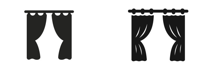 Black curtain icons on white background representing different styles for various settings and occasions in interior design