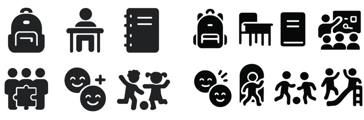Icons representing education, teamwork, and childhood activities with various school objects and collaborative symbols