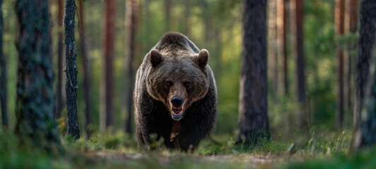 Fototapeta premium The bear charging through dense pine forest with intense focus and bared teeth