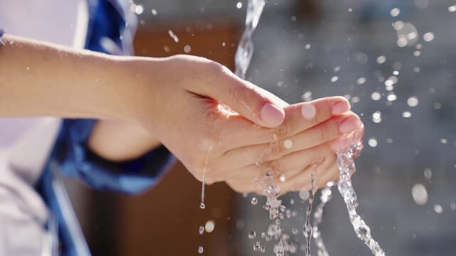 a man with white skin washes his hands with water close-up in the summer, skin hygiene and protection from coronavirus, wash his fingers, stop the spread of bacteria, splashes and drops fly bokeh.